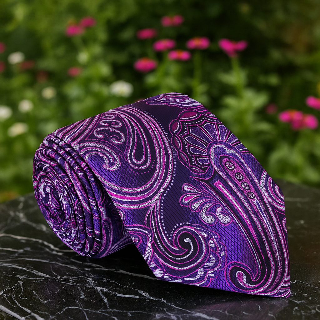 Purple paisley tie on a dark surface with a blurred floral background