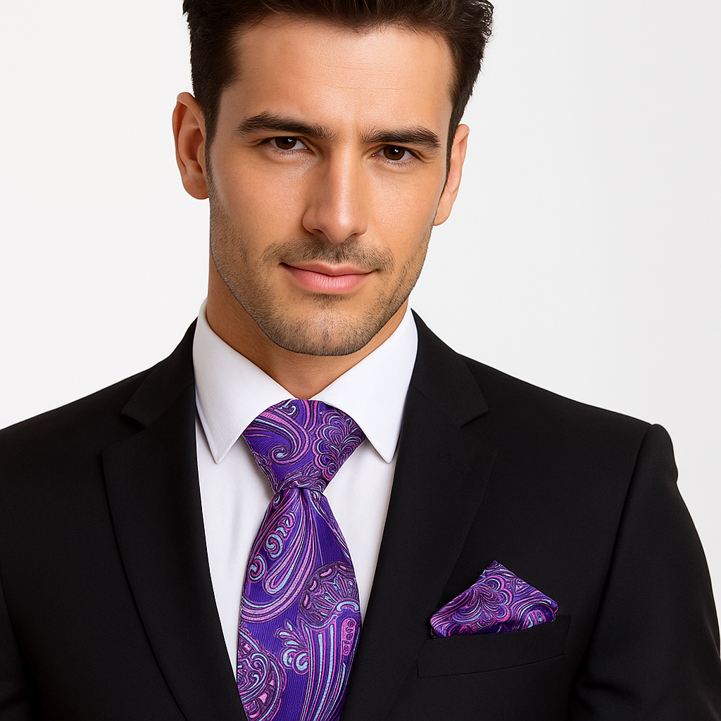 Man wearing a black suit with a purple paisley tie and pocket square on a gray background