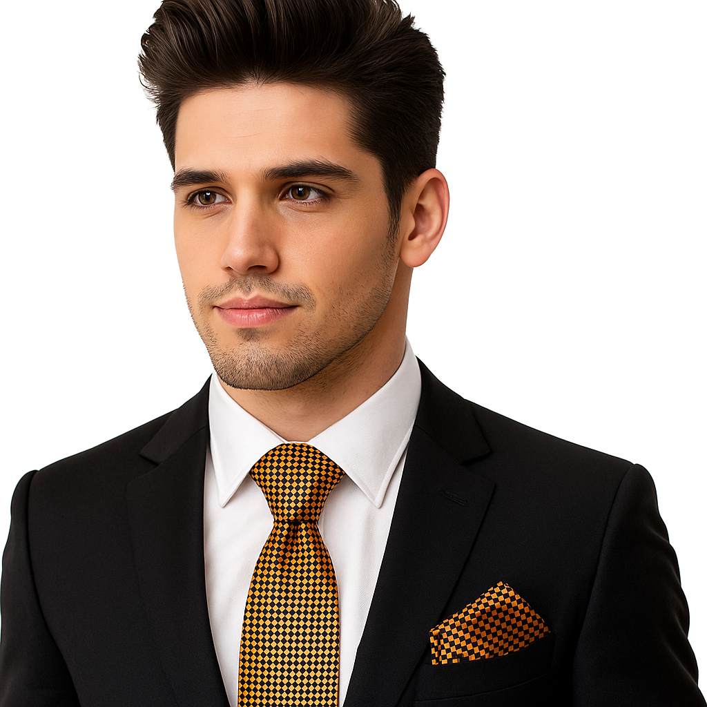 Man wearing a black suit with a yellow gold and black geometric small diamonds patterned tie and pocket square on a white background