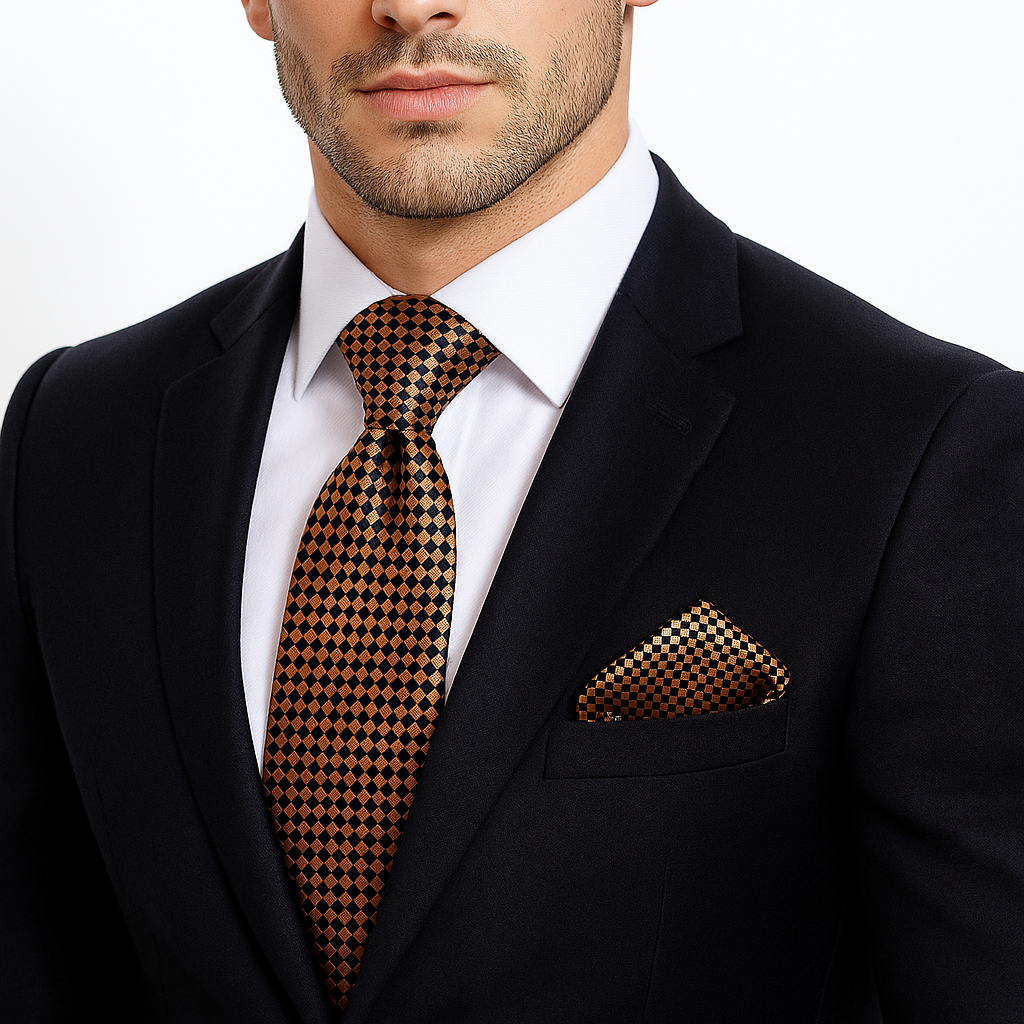 A Brown, Black Check Pattern Silk Necktie on man wearing black suit