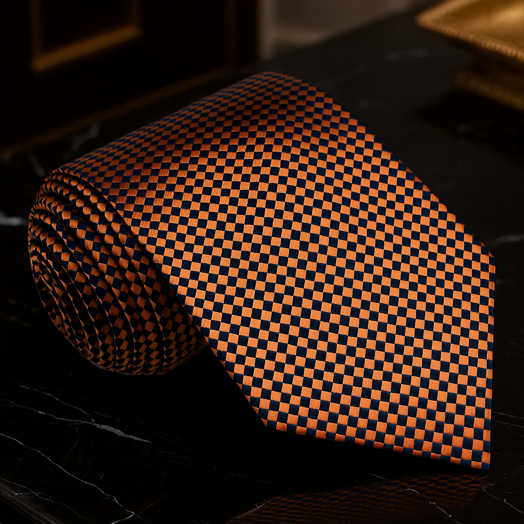 A Brown, Black Check Pattern Silk Necktie 