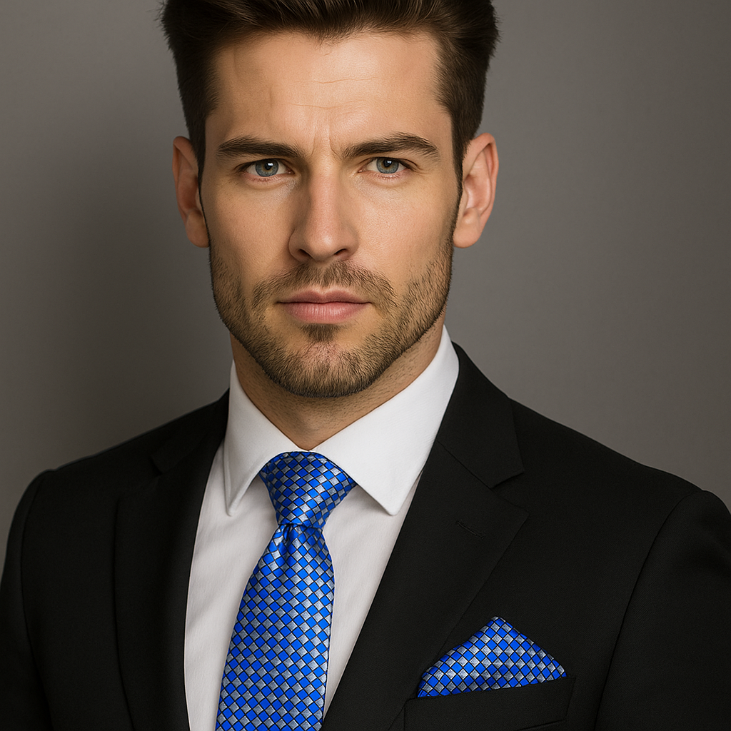 Man wearing a black suit with a blue and grey check tie and pocket square against a gray background