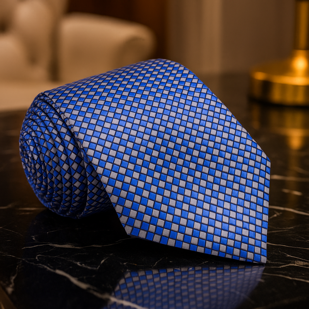 Blue checkered tie on a reflective surface with blurred background