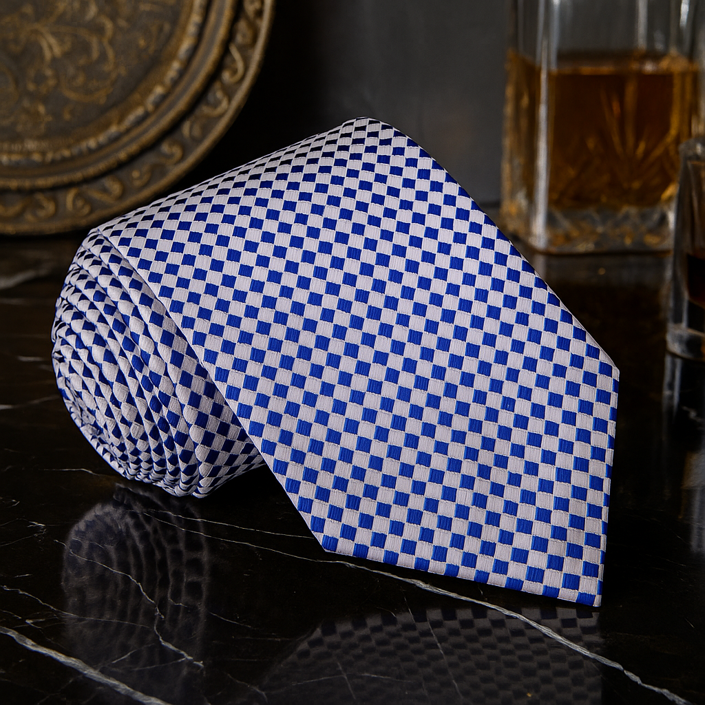Blue and white checkered tie on a reflective surface with a dark background