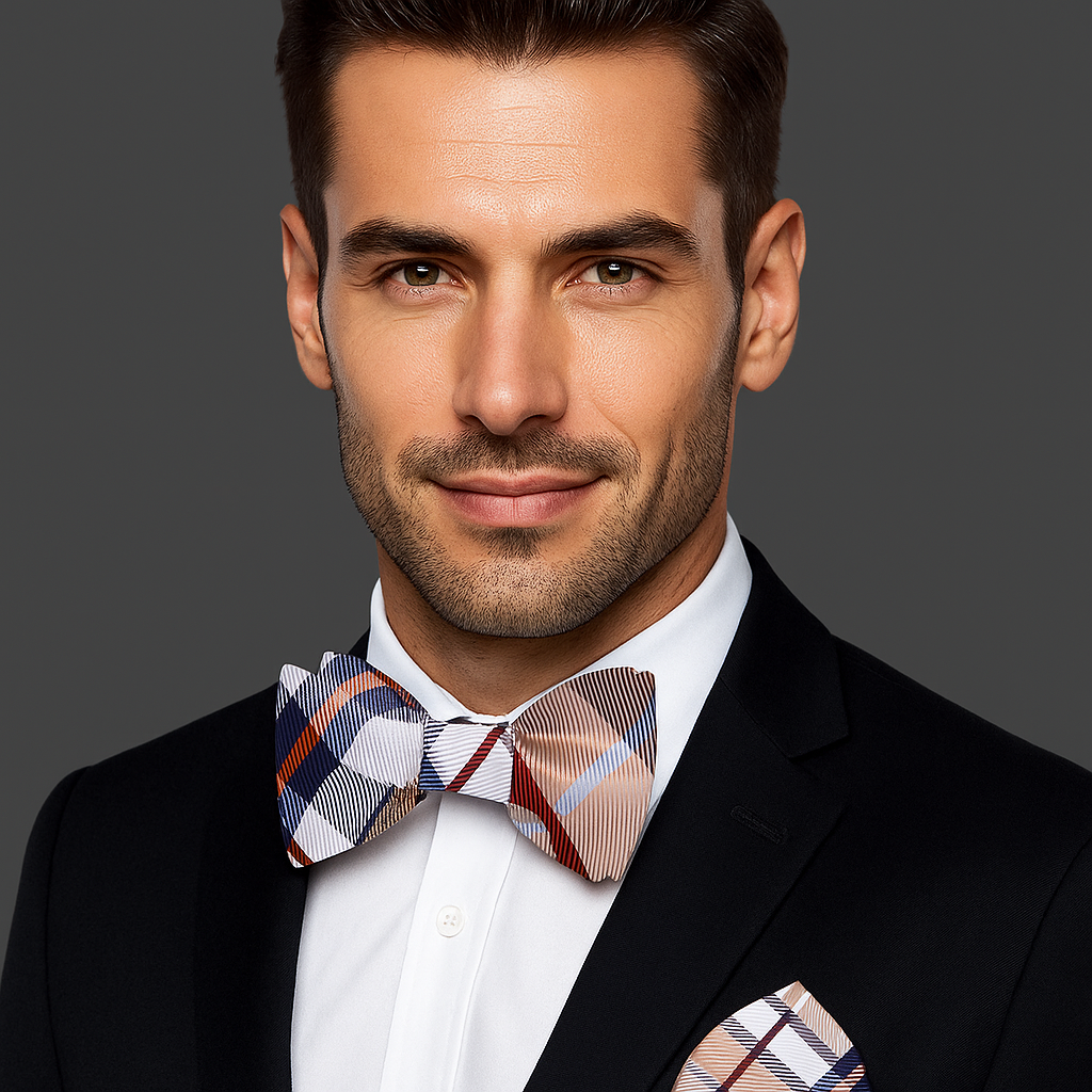 Man wearing a black suit with a brown, blue and red plaid patterned bow tie against a gray background