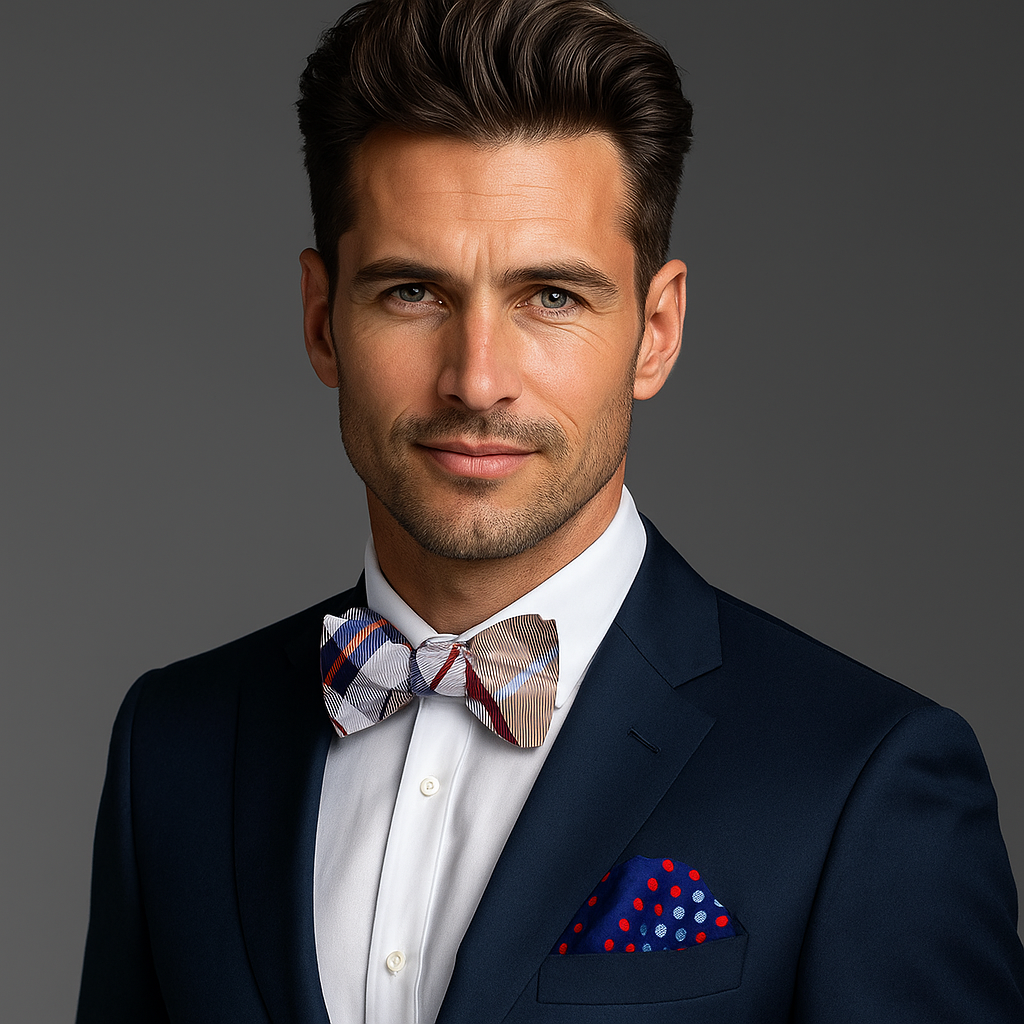 Man wearing a navy suit with a brown, blue and red plaid patterned bow tie and pocket square on a gray background