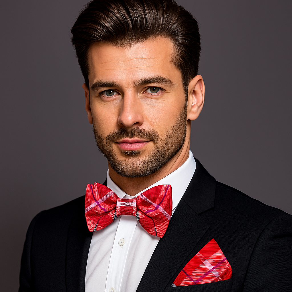 Man wearing a black suit with a red plaid bow tie and pocket square on a gray background