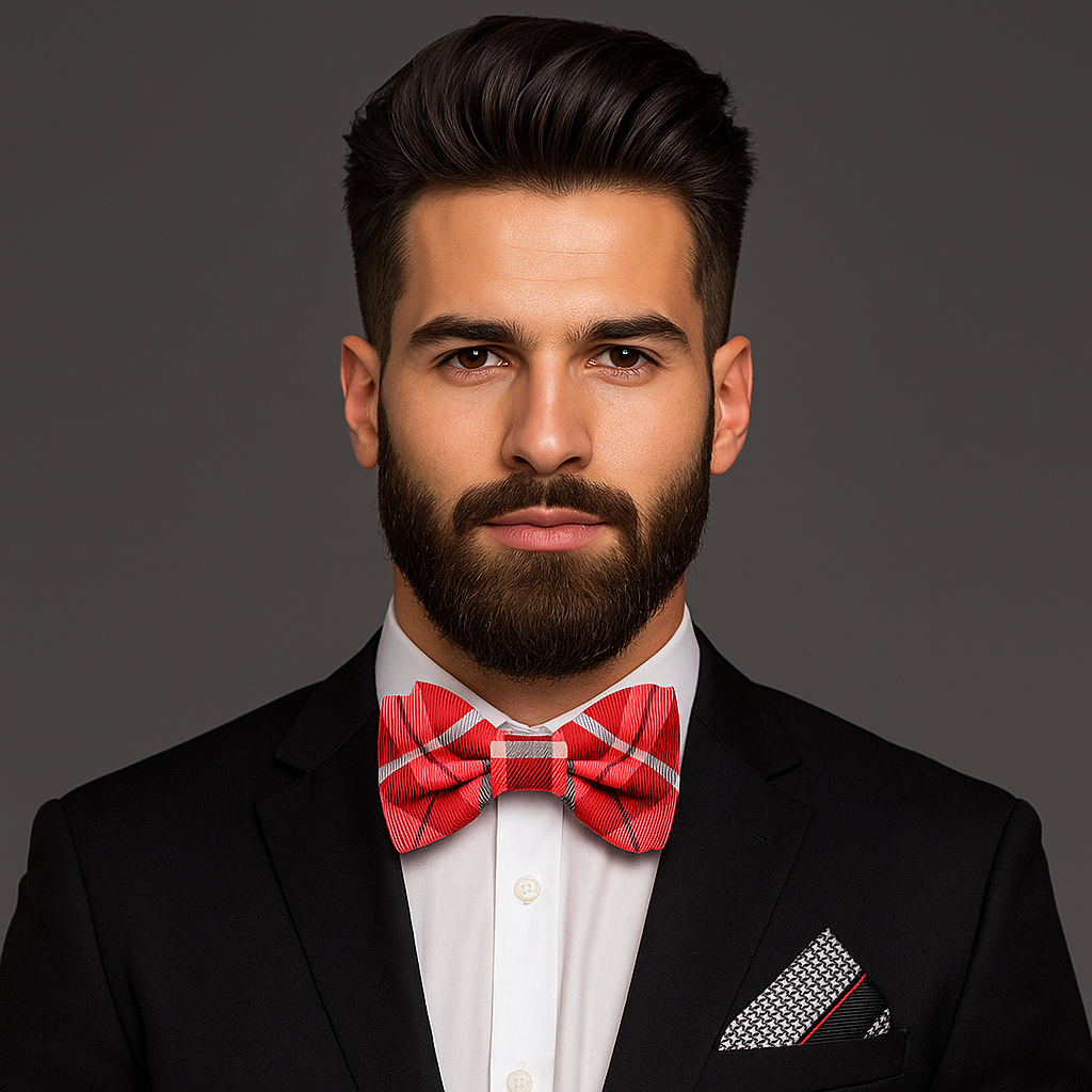 Man wearing a black suit with a red plaid bow tie on and accenting black and red stripe handkerchief on gray background