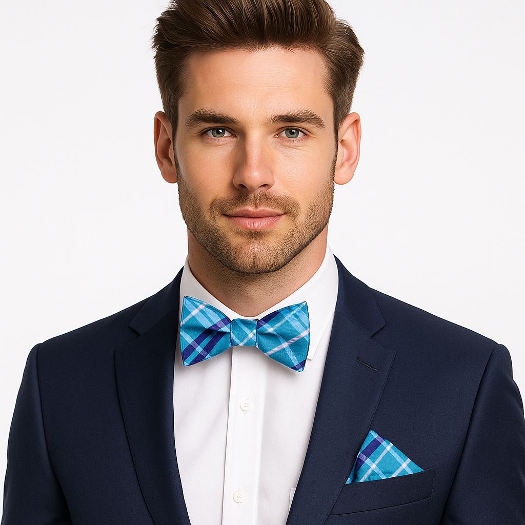Man wearing a navy suit with a blue plaid bow tie and pocket square on a white background