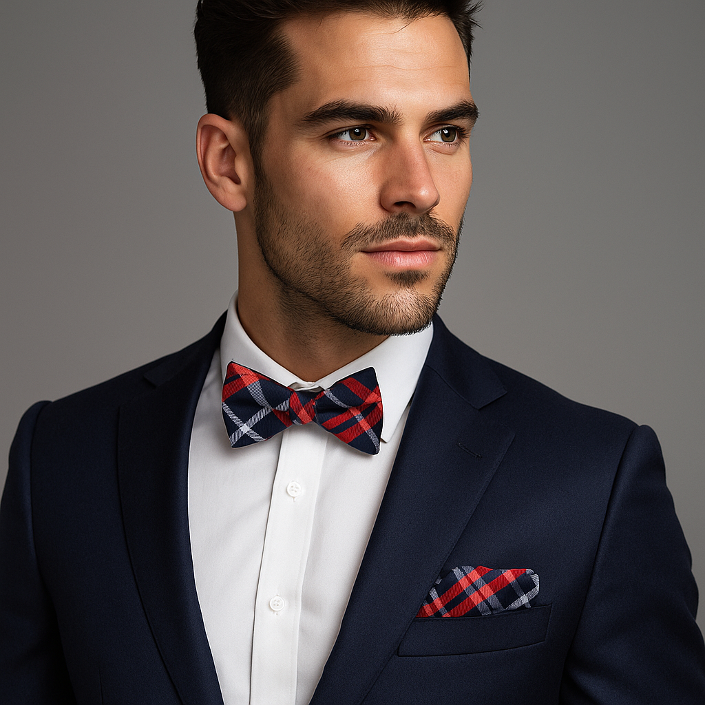 Man wearing a navy suit with a red and blue plaid bow tie and pocket square on a gray background