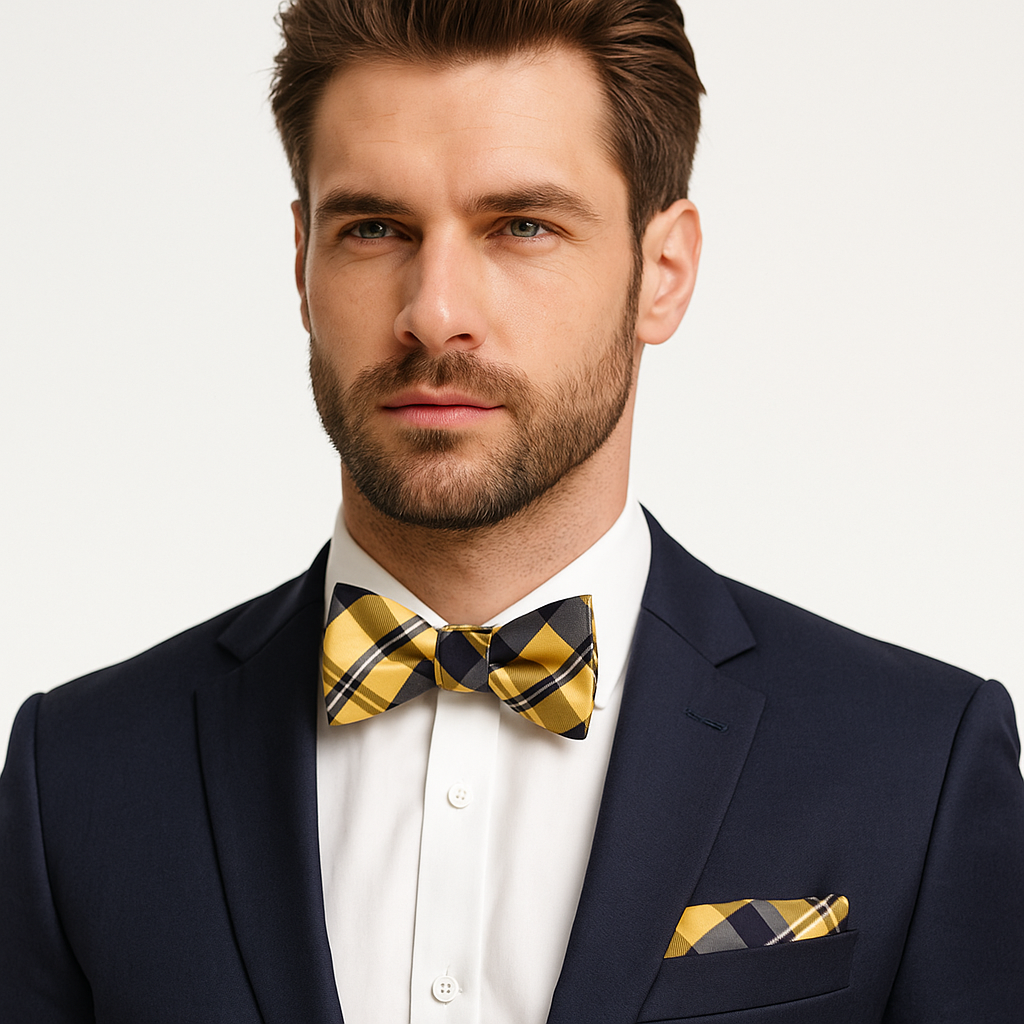 Man wearing a navy suit with a yellow and black checkered bow tie and pocket square.