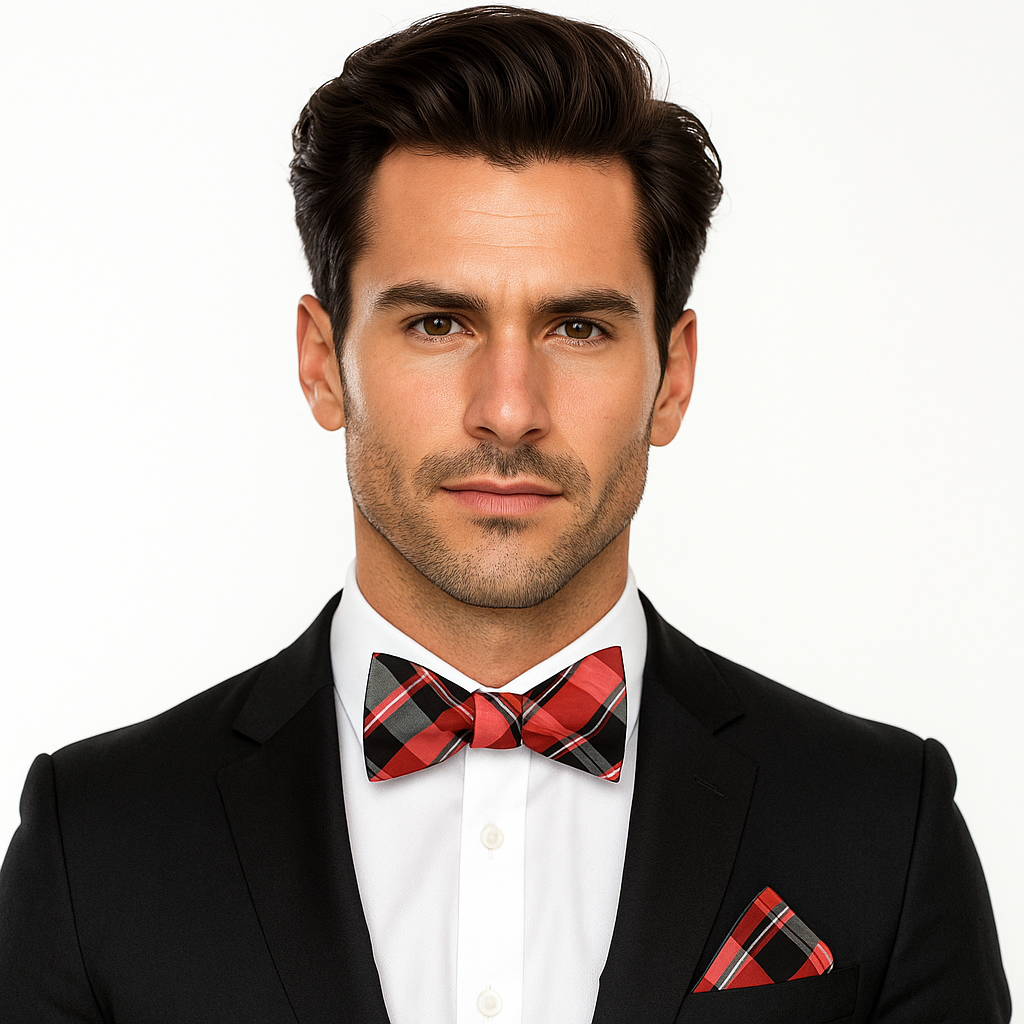 Man wearing a black suit with a red and black plaid bow tie and pocket square on a white background