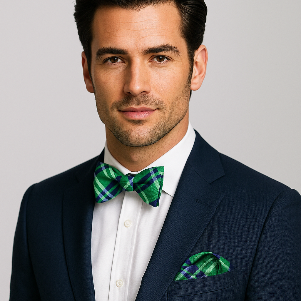 Man wearing a navy suit with a green plaid bow tie and pocket square on a gray background