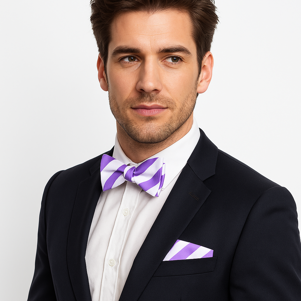 Man wearing a black suit with a white shirt and purple striped bow tie and pocket square.