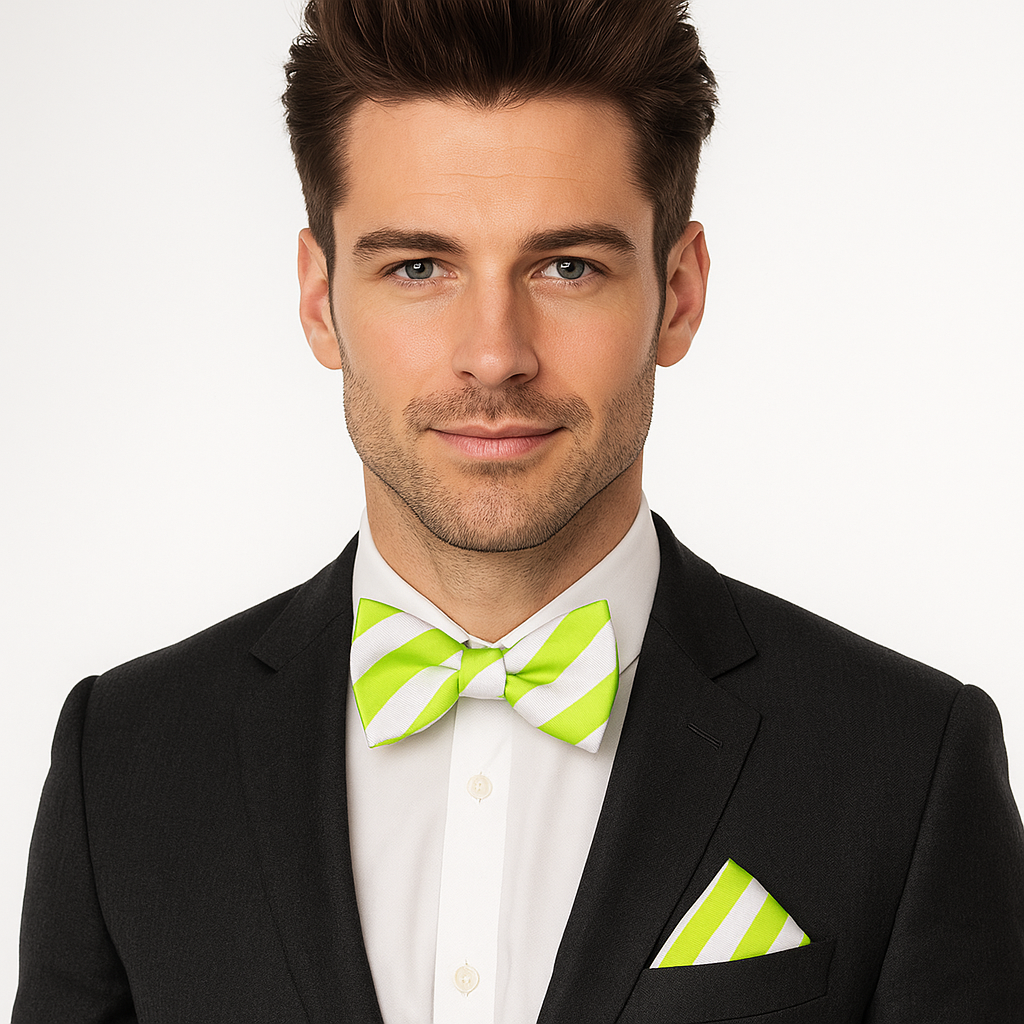 Man wearing a black suit with a white shirt, green striped bow tie, and matching pocket square on a white background.