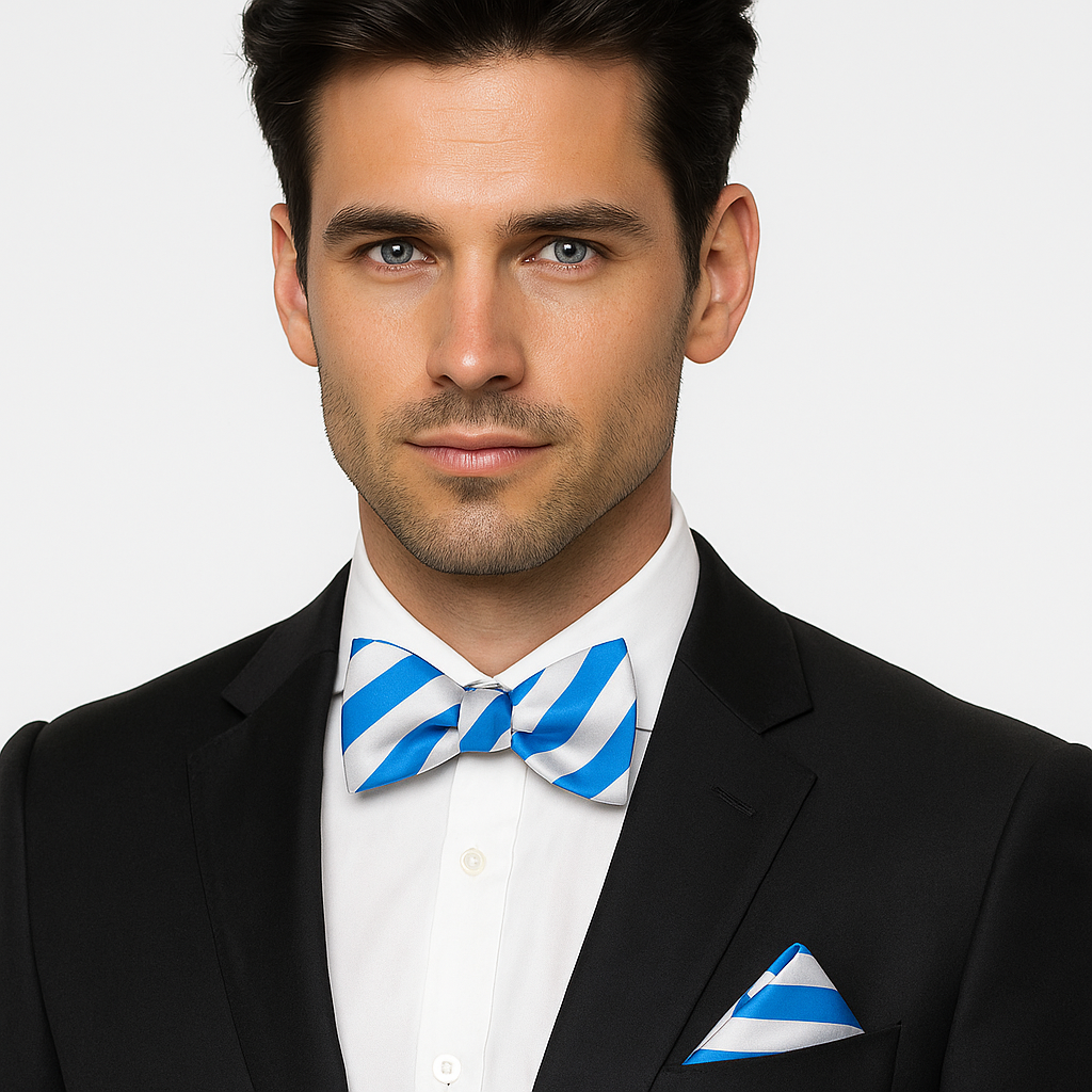 Man wearing a black suit with a blue and white striped bow tie and pocket square on a light gray background