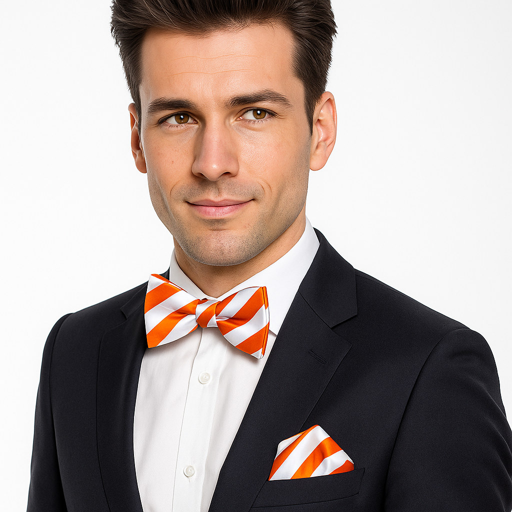 Man wearing a black suit with an orange and white striped bow tie and pocket square on a white background