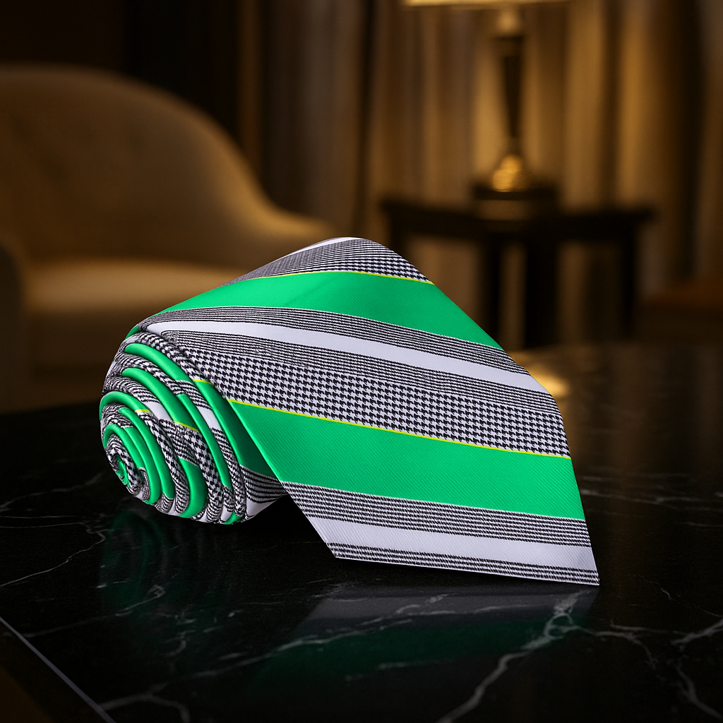 Rolled green and patterned tie on a dark surface with a blurred background