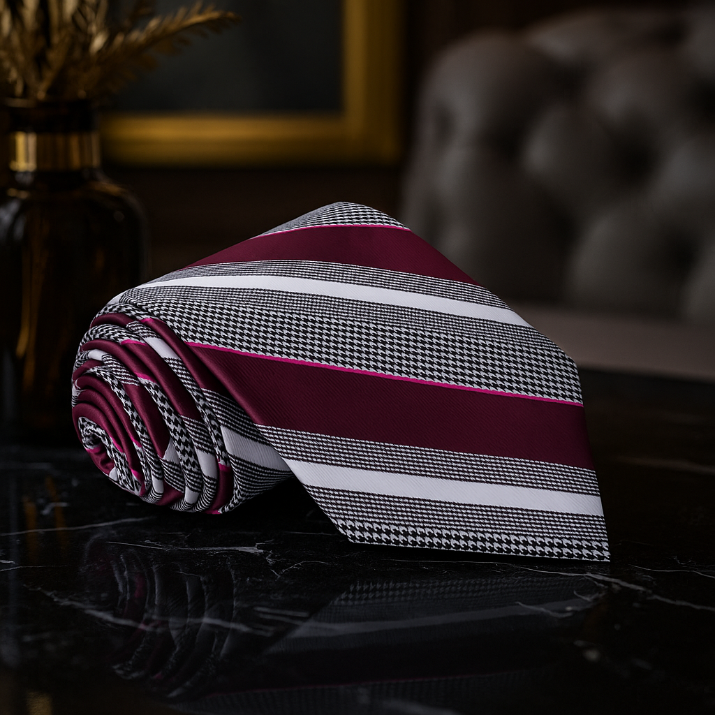 Folded striped tie with plum, white, and black pattern on a dark surface.