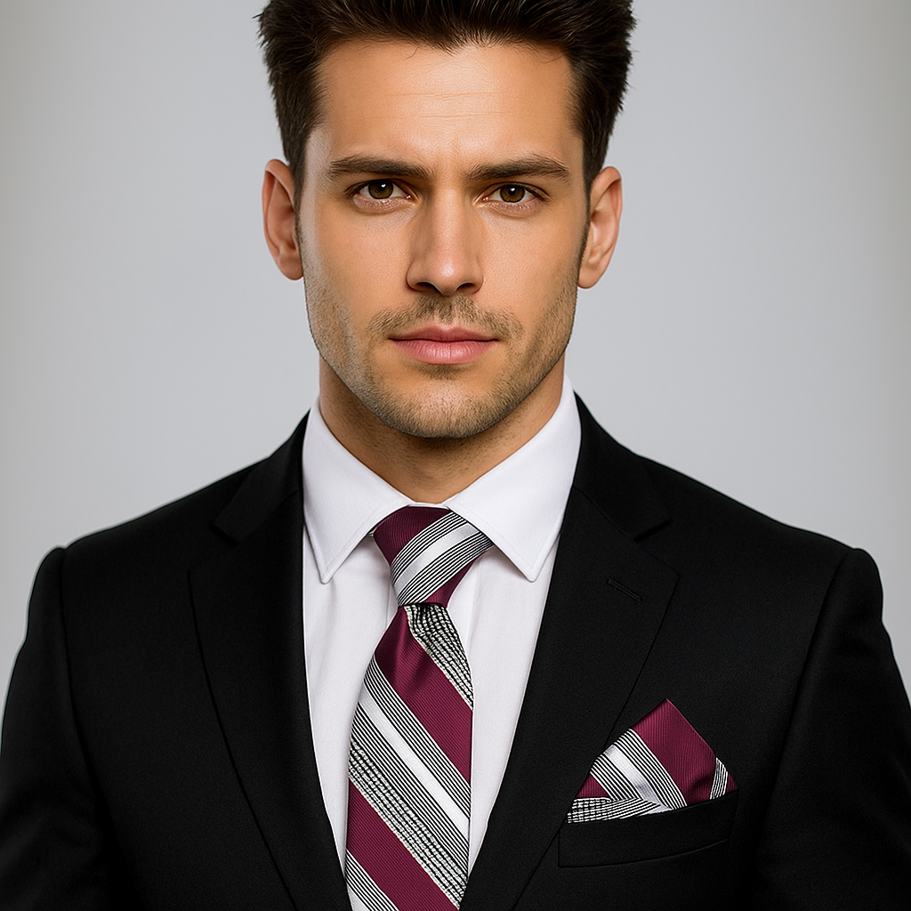 Man wearing a black suit with a striped tie and pocket square on a gray background