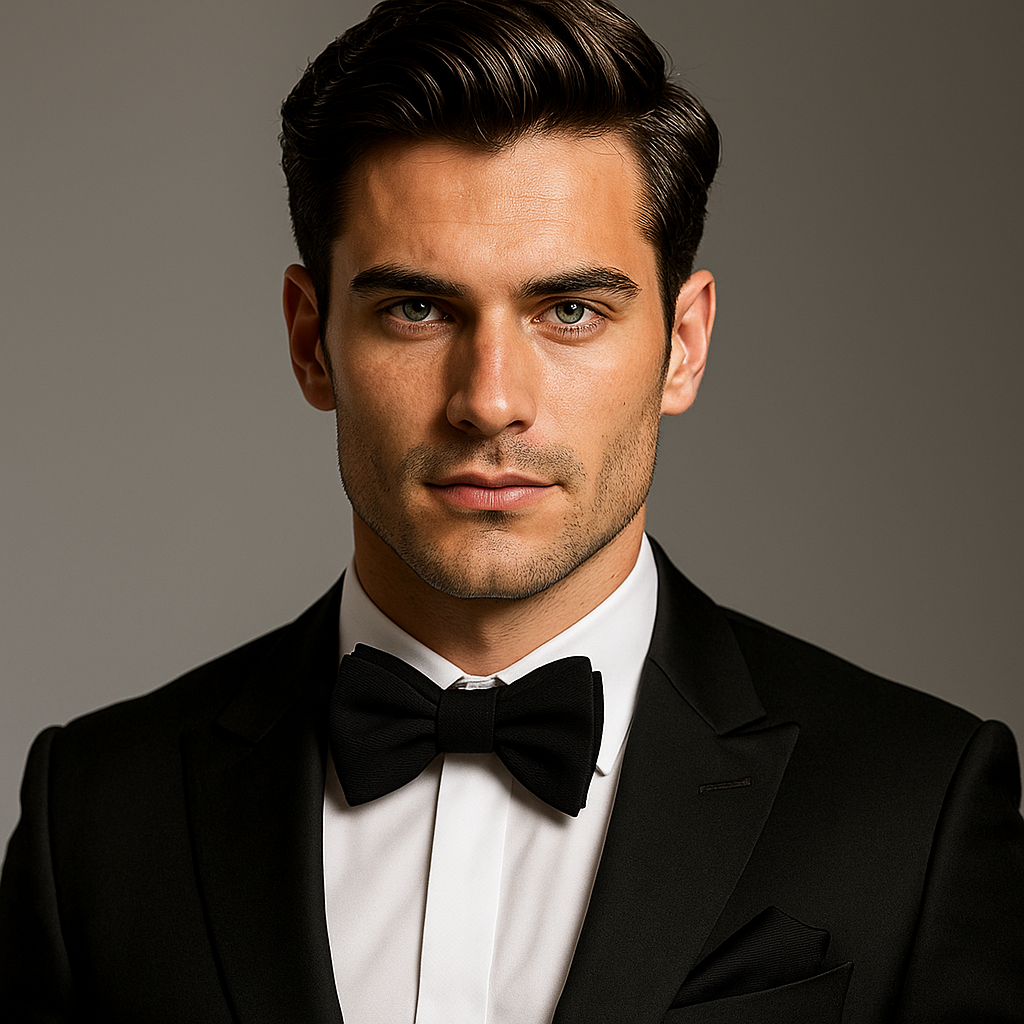 Man wearing a black tuxedo with a bow tie against a gray background