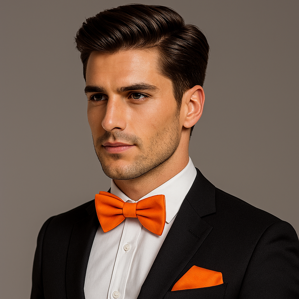 Man wearing a black suit with an orange bow tie and pocket square on a gray background