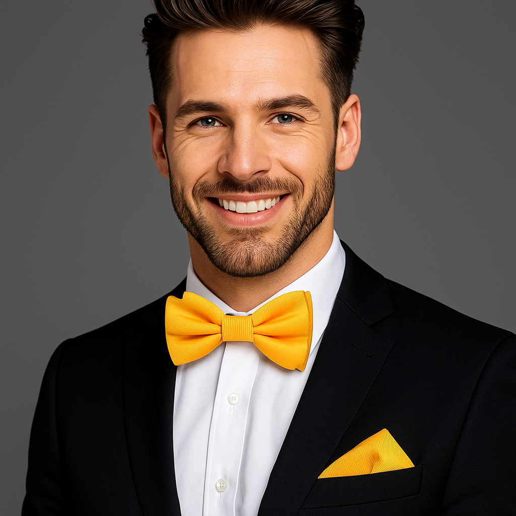 Man wearing a black suit with a yellow bow tie and pocket square on a gray background