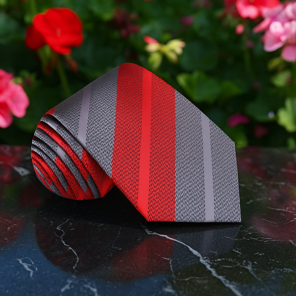 Red and gray striped tie on a dark surface with flowers in the background