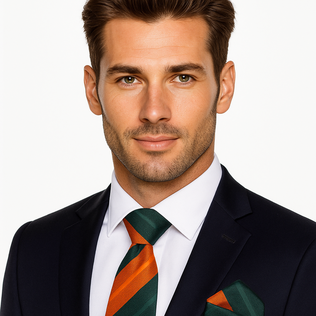 Man wearing a dark suit with a white shirt and green and orange striped tie on a white background