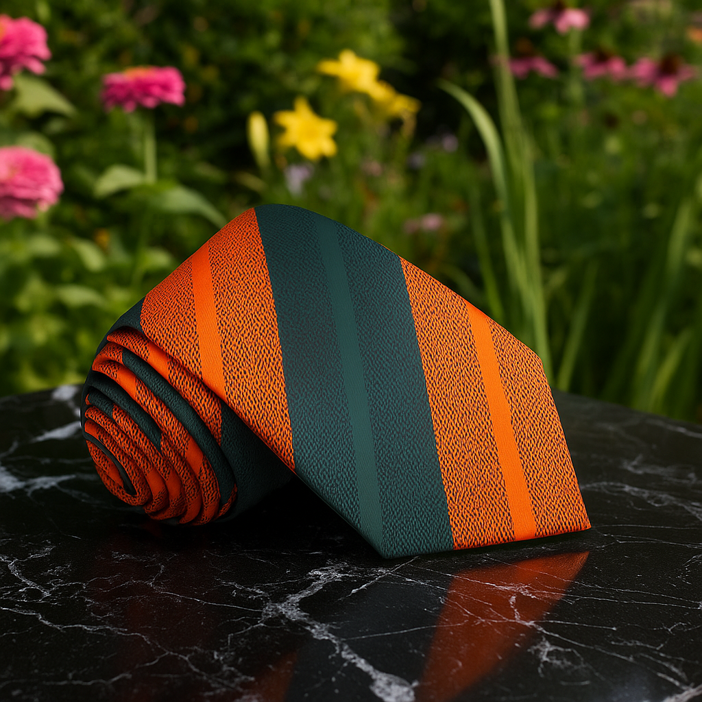 Rolled-up orange and green striped tie on a dark surface with a floral background