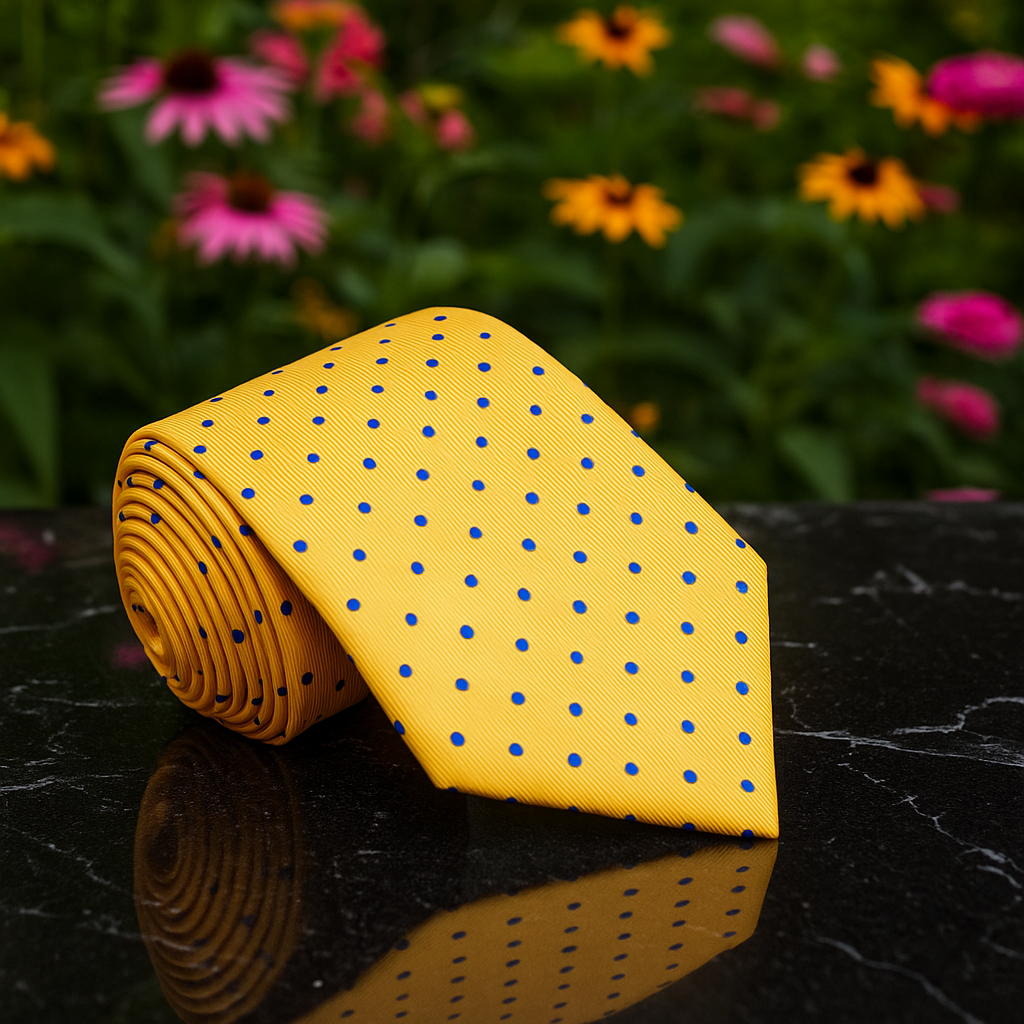 Yellow tie with blue polka dots on a reflective surface with flowers in the background