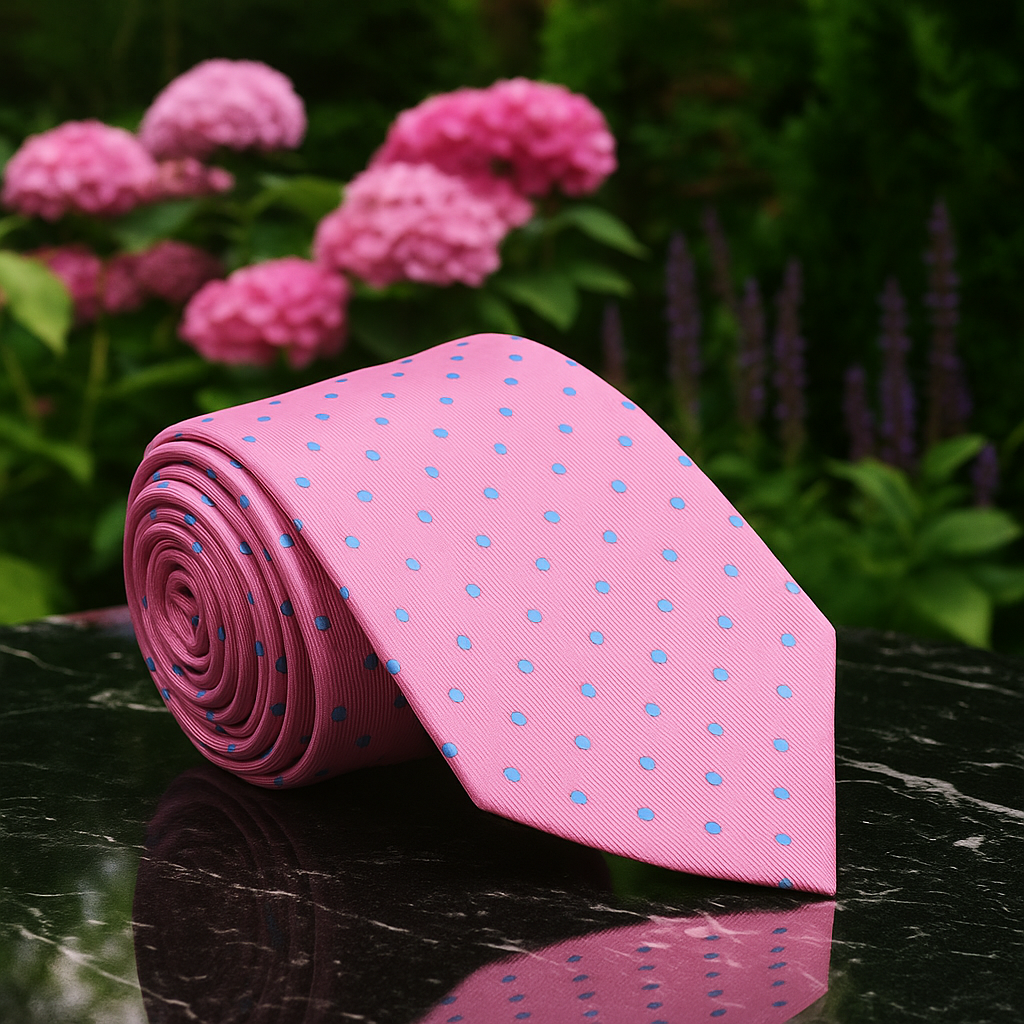 A Pink, Light Blue Small Polka Dots Pattern Necktie 