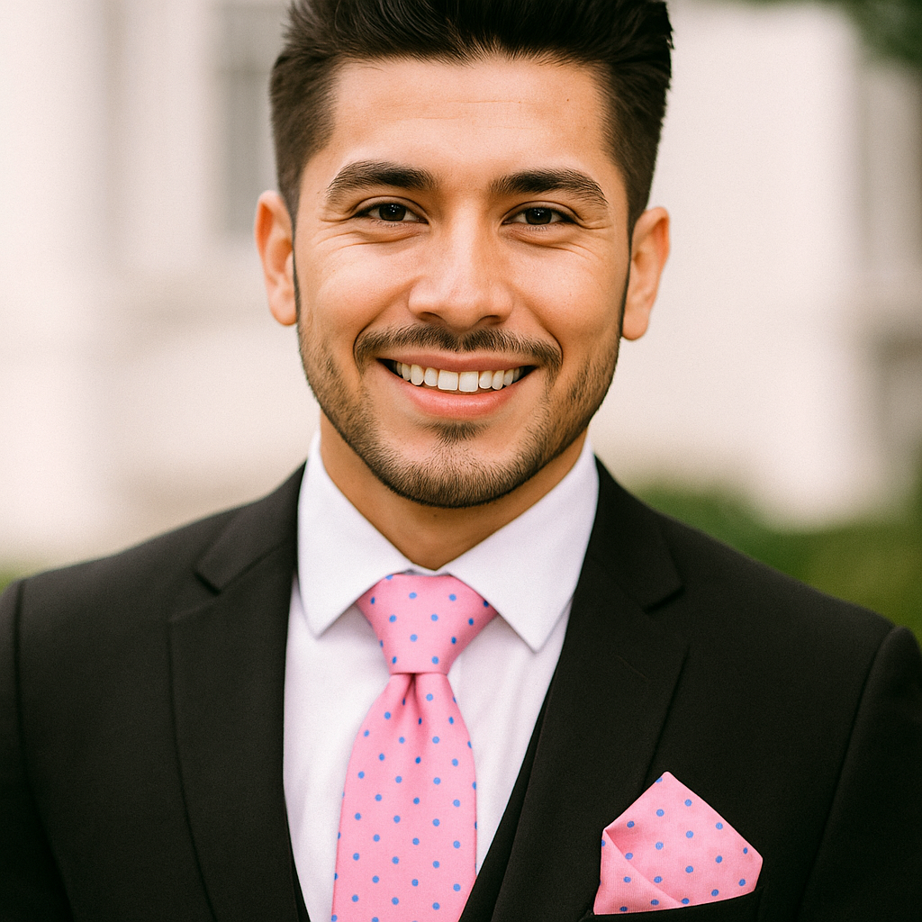 Man wearing a black suit with a pink polka with light blue dot tie and pocket square, smiling outdoors.