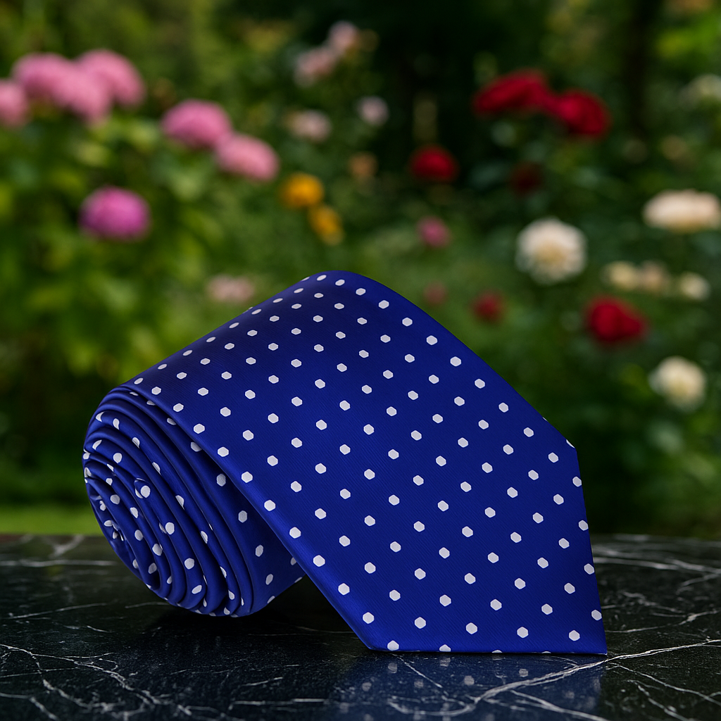 Blue tie with white polka dots on a dark surface with a floral background