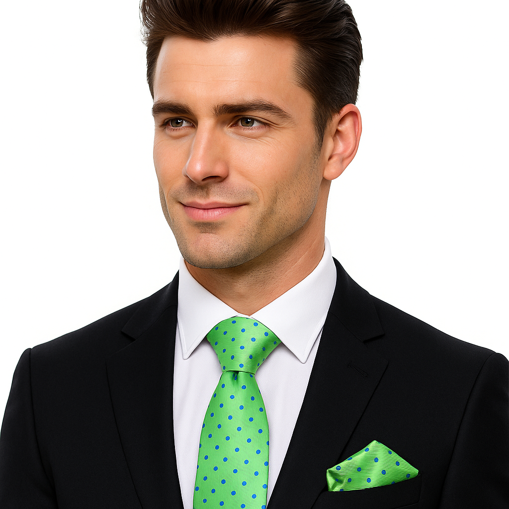 Green with Blue Dots Tie and Pocket Square on man wearing black suit