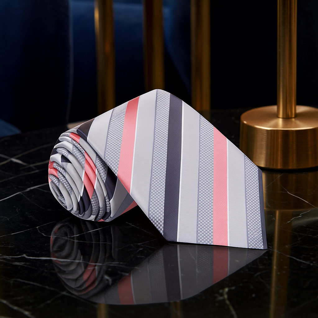 Striped tie with pink and gray pattern on a reflective surface
