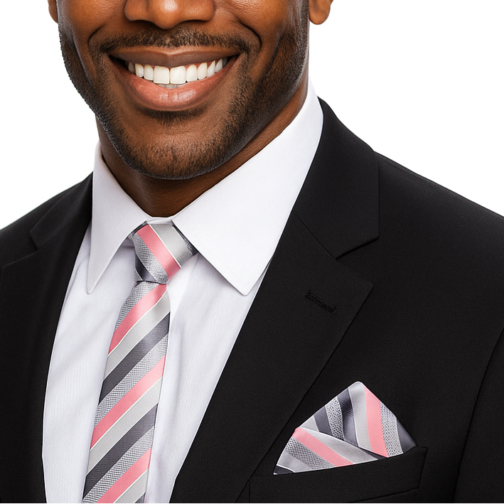 Man wearing a black suit with a striped grey and pink tie and pocket square on a white background