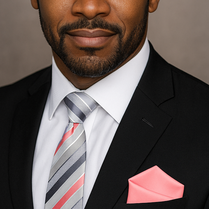 Man wearing a black suit with a pink pocket square and striped grey and pink tie against a neutral background