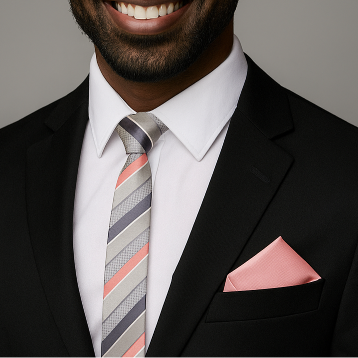 Man wearing a black suit with a striped grey and pink thin tie and pink pocket square on a gray background