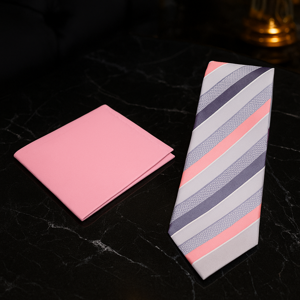 Grey and Pink Stripe necktie and Light Pink square on black marble surface