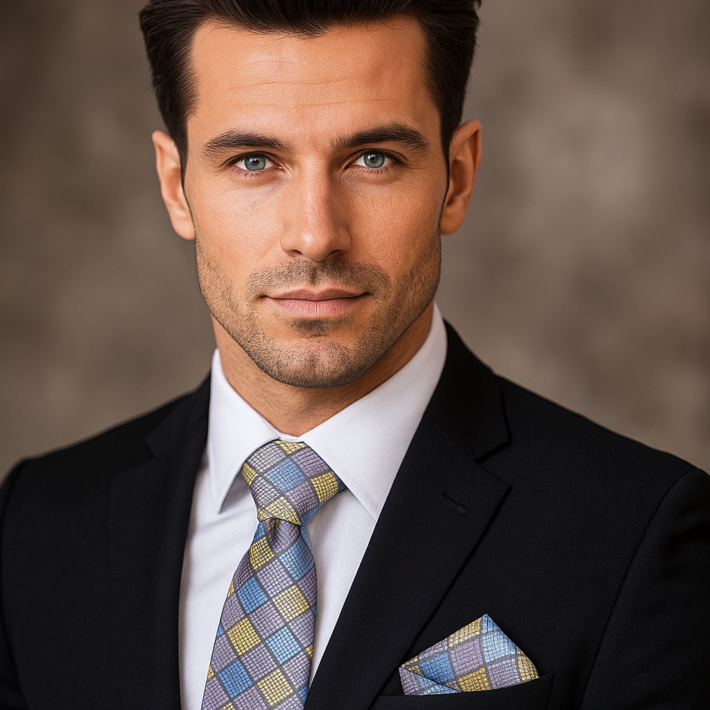 Man wearing a black suit with a grey, yellow and blue check tie and pocket square against a neutral background