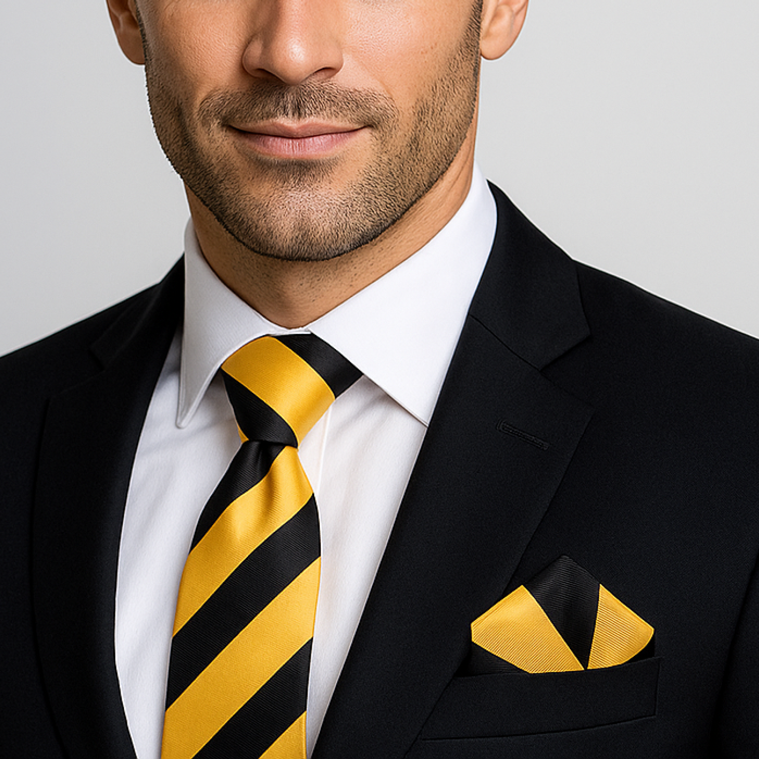 Man with black suit wearing a black and yellow block stripe tie and square