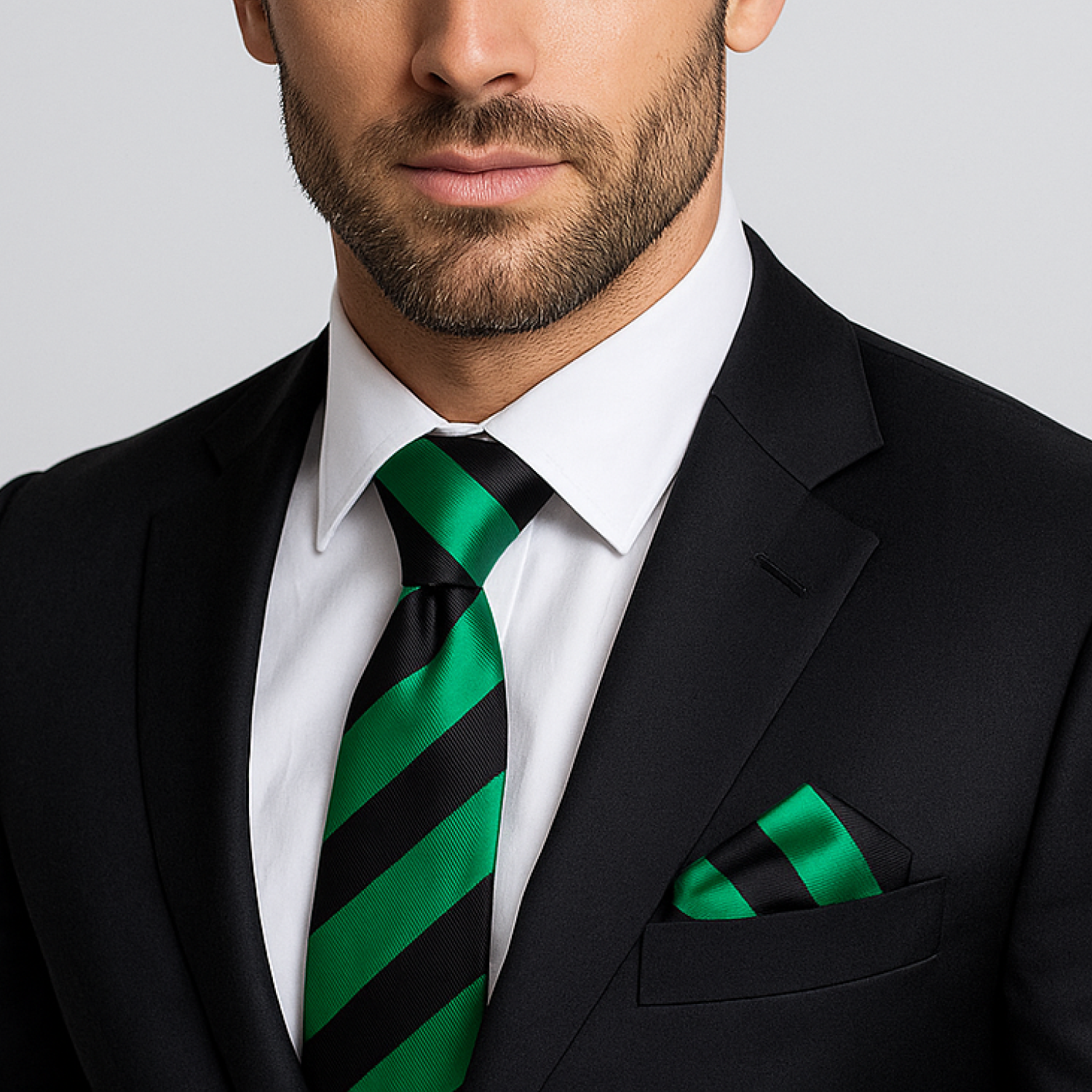 Man wearing black and green stripe tie and square