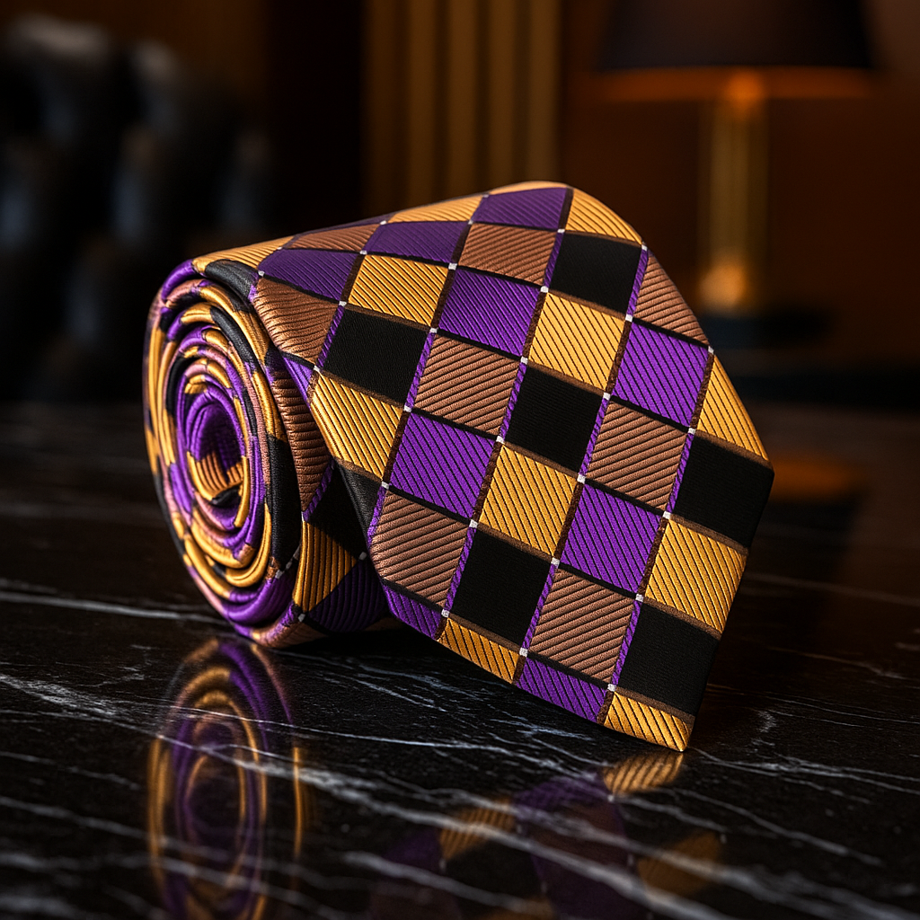 Checkered tie with purple and gold pattern on a dark surface