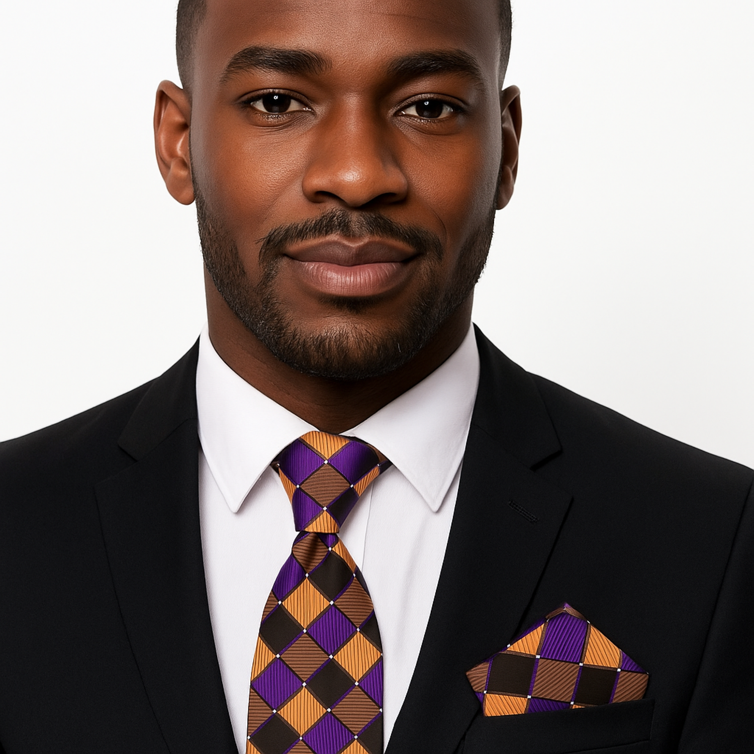 Man wearing a black suit with a purple and gold checkered tie and pocket square on a white background