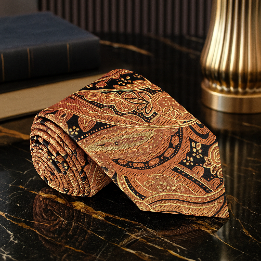 Brown Black Paisley Necktie Rolled Up On a Black Marble Table