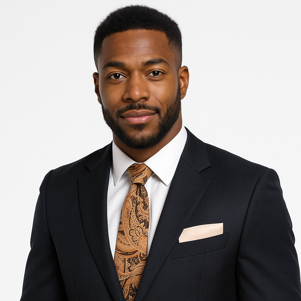 Man Wearing Black Suit with Brown Black Paisley Necktie and Beige Square 2