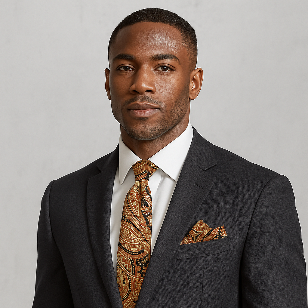 Man wearing a dark suit with a patterned tie and pocket square against a gray background