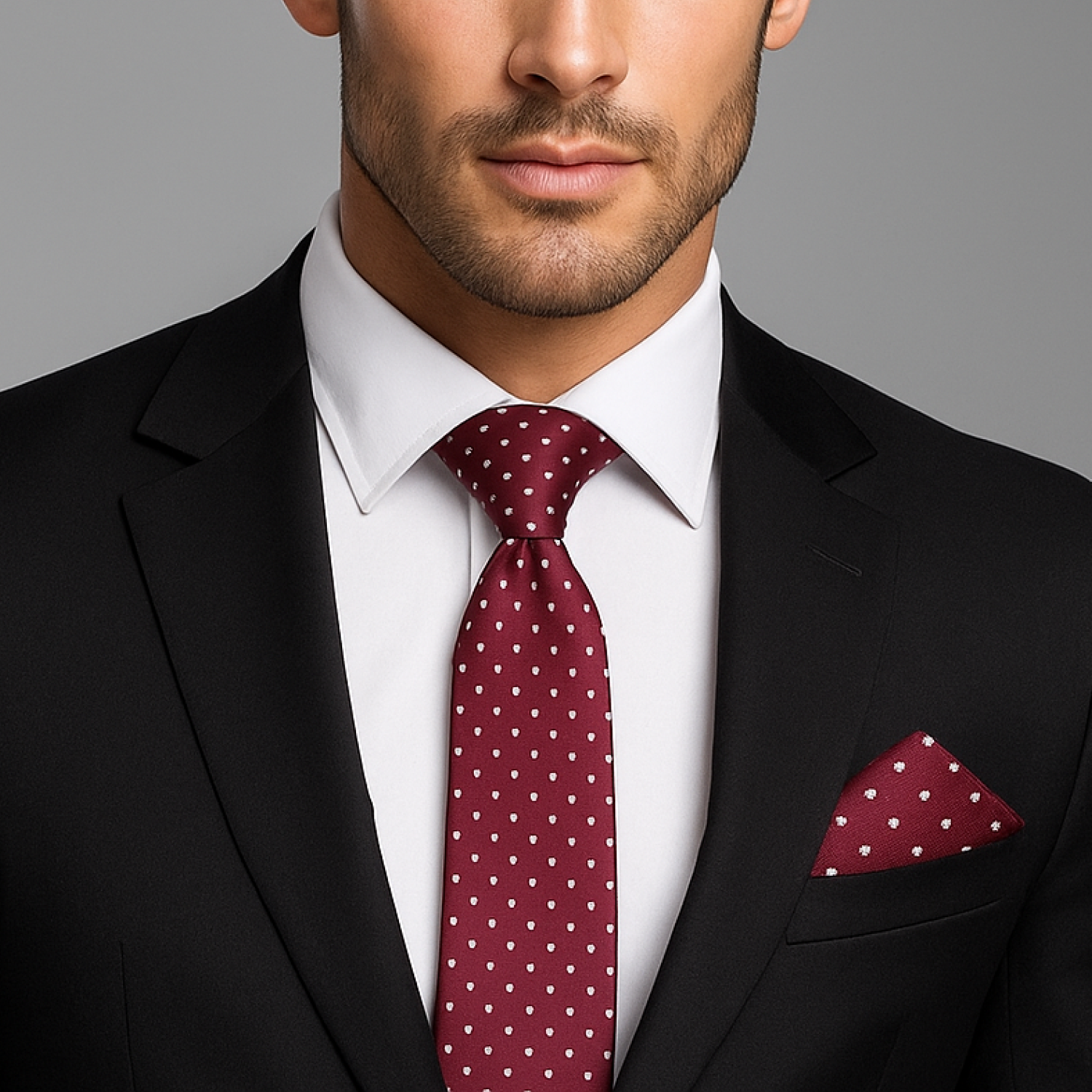 Burgundy, White Polka Tie and Square on Man Wearing Black Suit and White Shirt