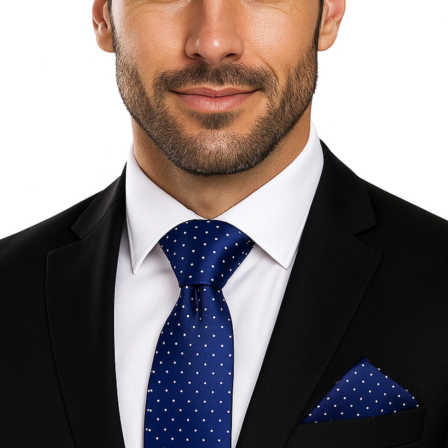 Man wearing Blue with White Polka Dots Necktie and Square